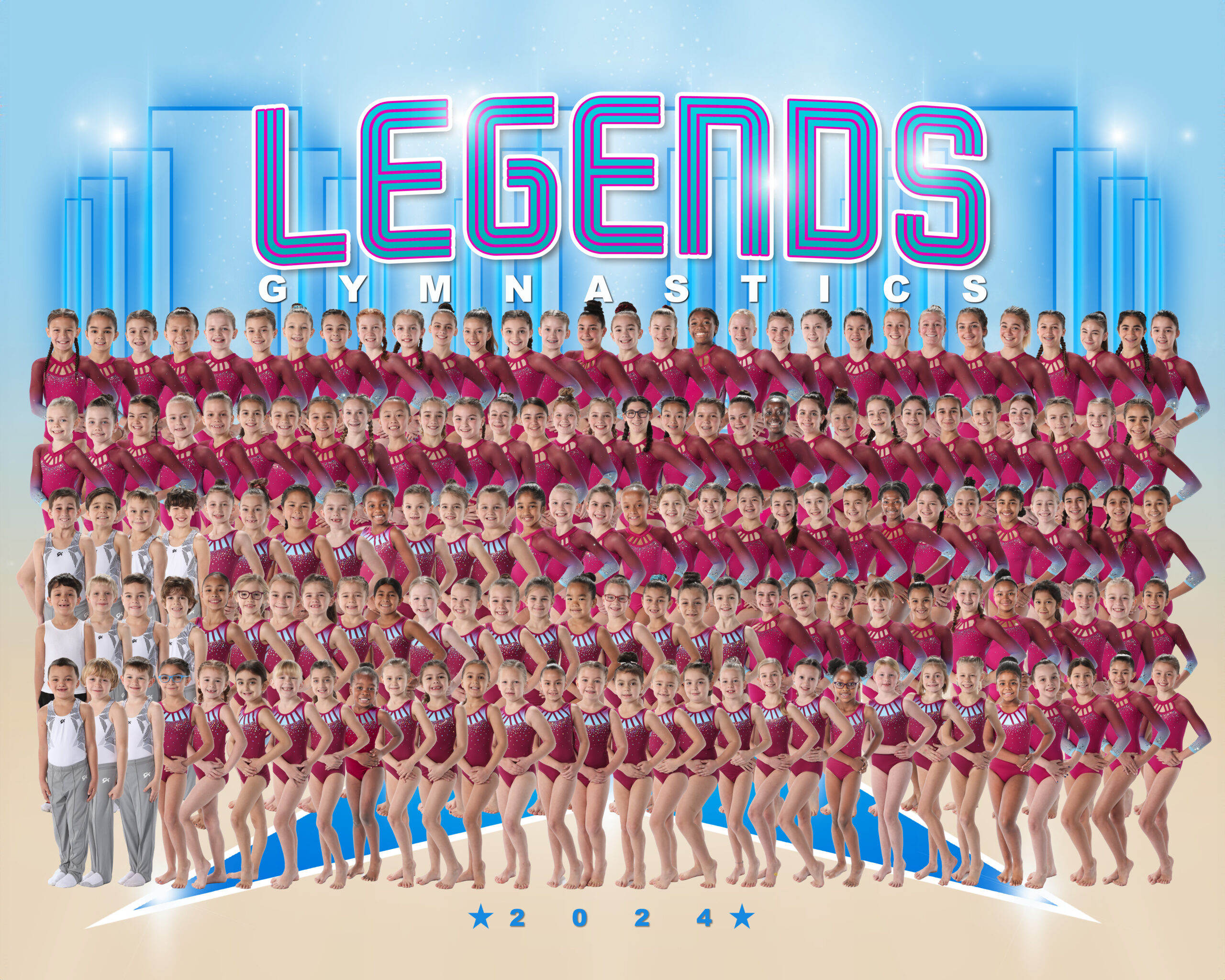 Competitive Team photo at Legends Gymnastics in North Andover, MA.